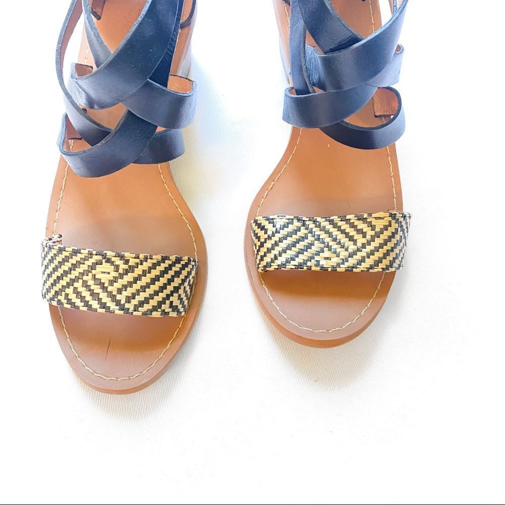 Madewell Lora Chunky Block Stacked Heel Sandasl Leather Tribal Raffia Strappy - Picture 4 of 8
